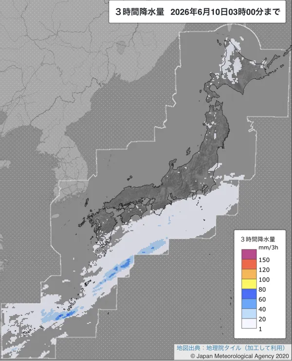 2026年6月10日0〜3時の日本周辺の3時間解析降水量