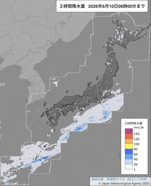 2026年6月10日3〜6時の日本周辺の3時間解析降水量