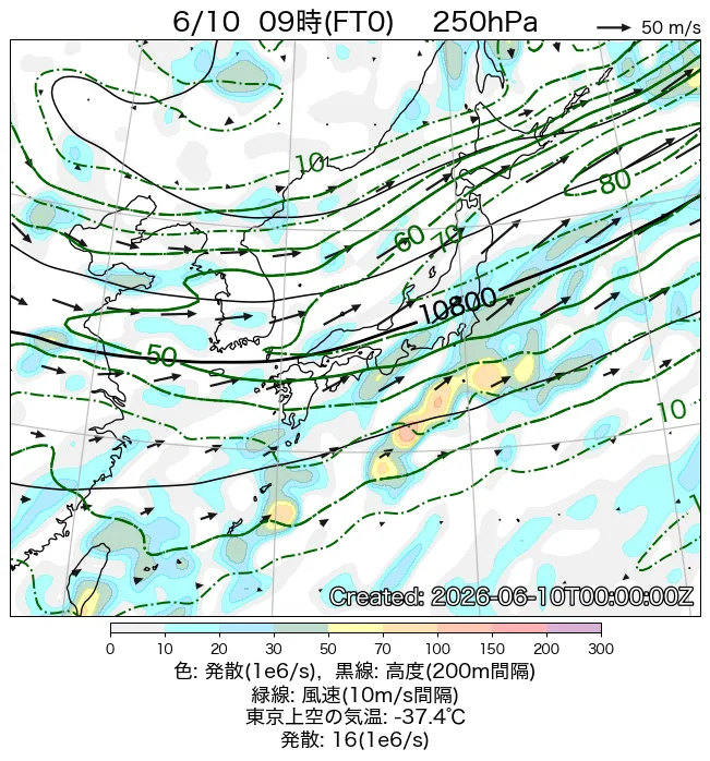 2026年6月10日の日本周辺の250hPa天気図（9時）