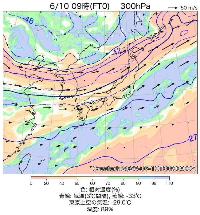 2026年6月10日の日本周辺の300hPa天気図（9時）