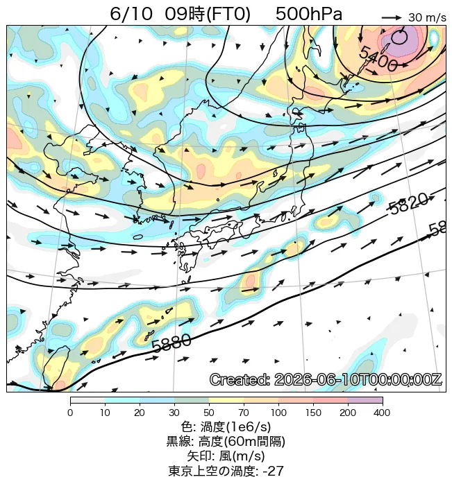 2026年6月10日の日本周辺の500hPa天気図（9時）