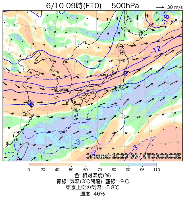 2026年6月10日の日本周辺の500hPa天気図（9時）