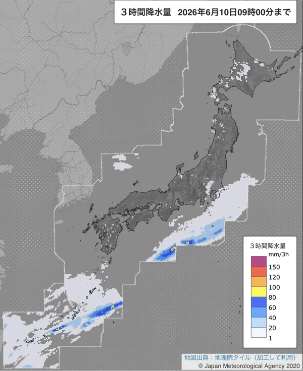 2026年6月10日6〜9時の日本周辺の3時間解析降水量