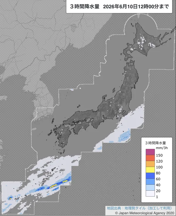 2026年6月10日9〜12時の日本周辺の3時間解析降水量