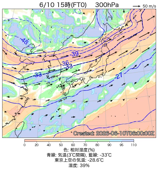2026年6月10日の日本周辺の300hPa天気図（15時）