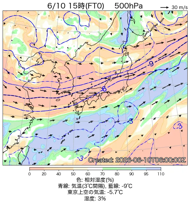2026年6月10日の日本周辺の500hPa天気図（15時）