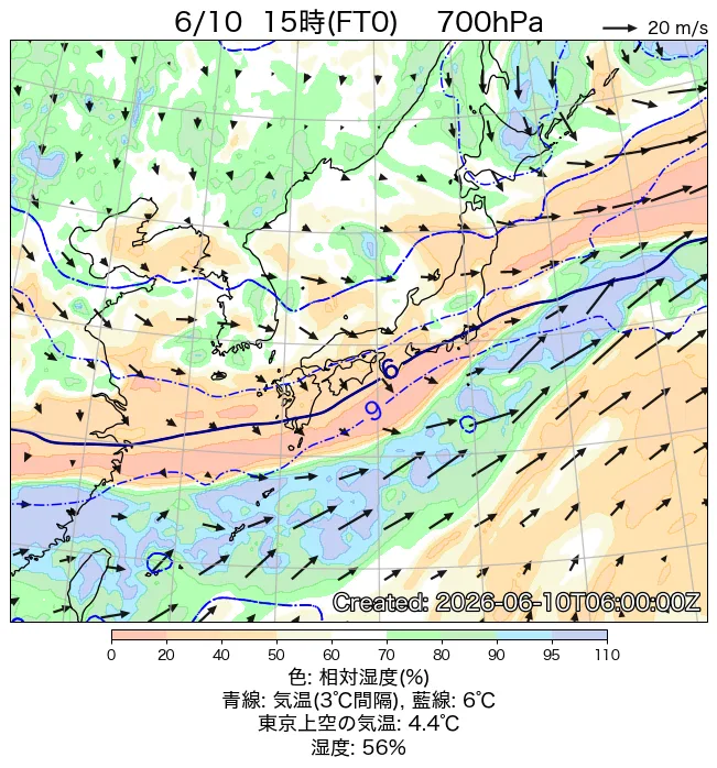 2026年6月10日の日本周辺の700hPa天気図（15時）