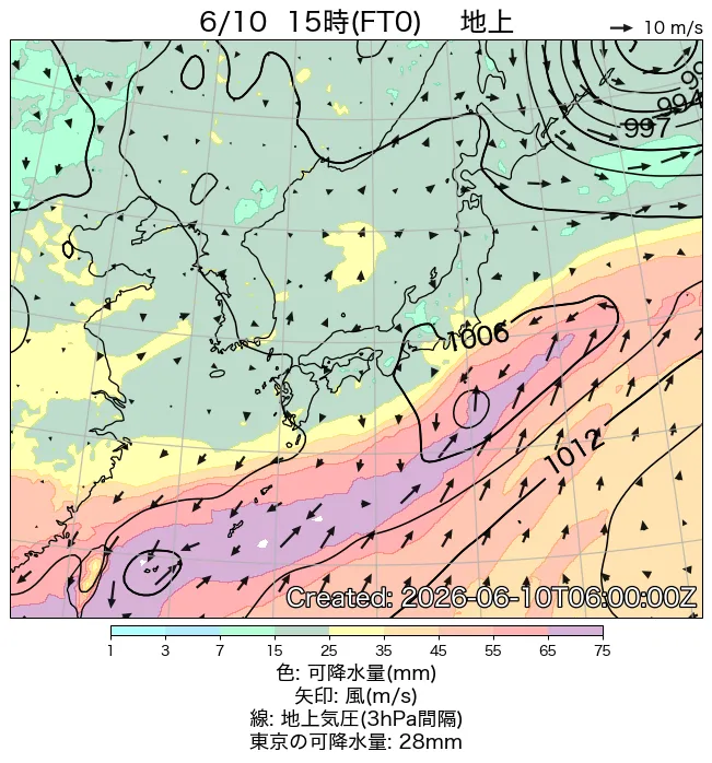 2026年6月10日の日本周辺の地上天気図（15時）