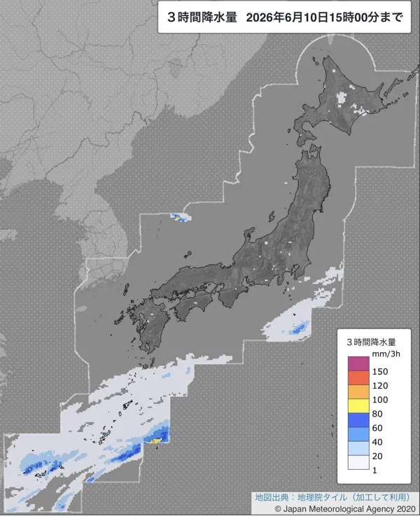2026年6月10日12〜15時の日本周辺の3時間解析降水量