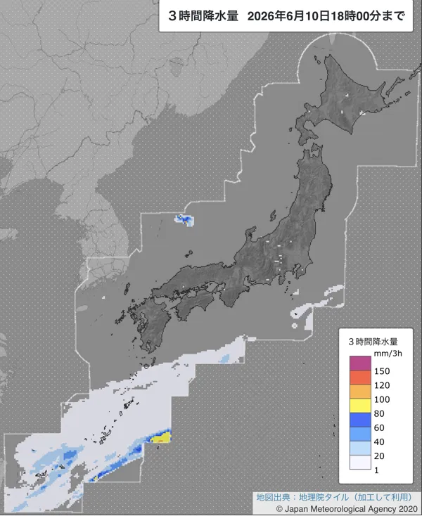 2026年6月10日15〜18時の日本周辺の3時間解析降水量