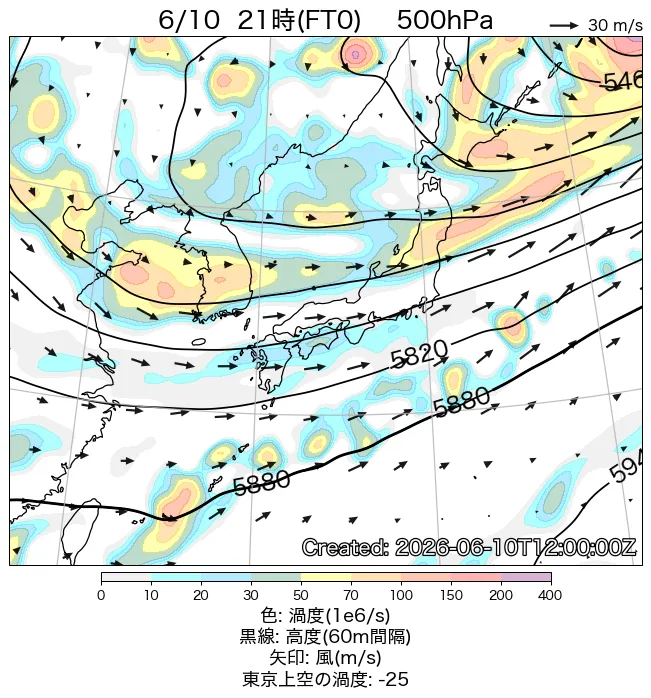 2026年6月10日の日本周辺の500hPa天気図（21時）