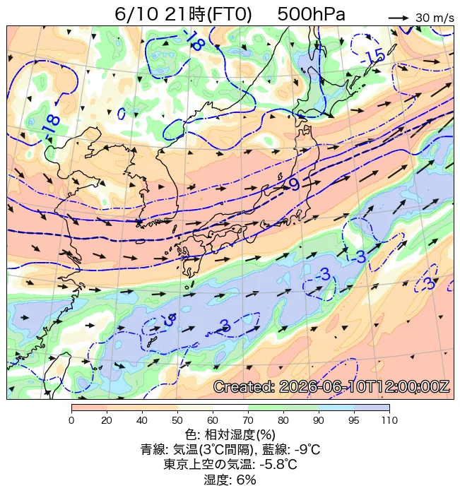 2026年6月10日の日本周辺の500hPa天気図（21時）