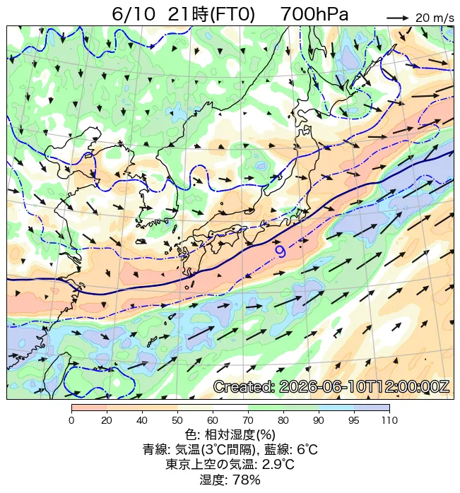 2026年6月10日の日本周辺の700hPa天気図（21時）