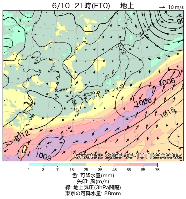 2026年6月10日の日本周辺の地上天気図（21時）
