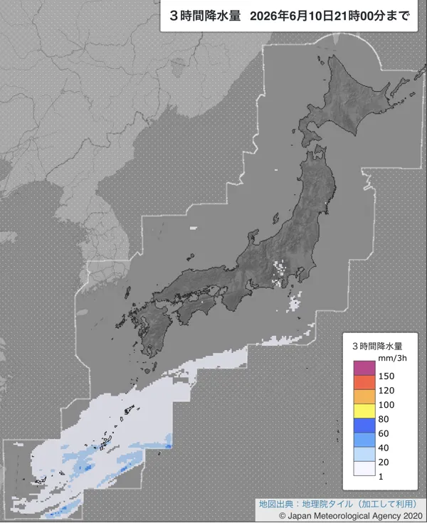 2026年6月10日18〜21時の日本周辺の3時間解析降水量
