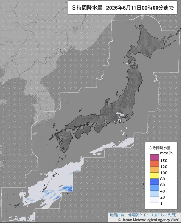 2026年6月10日21〜24時の日本周辺の3時間解析降水量