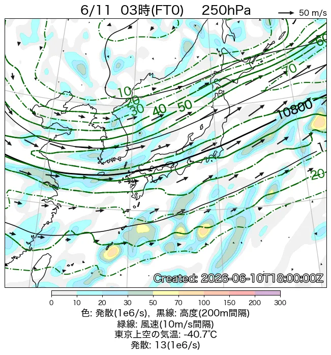 2026年6月11日の日本周辺の250hPa天気図（3時）