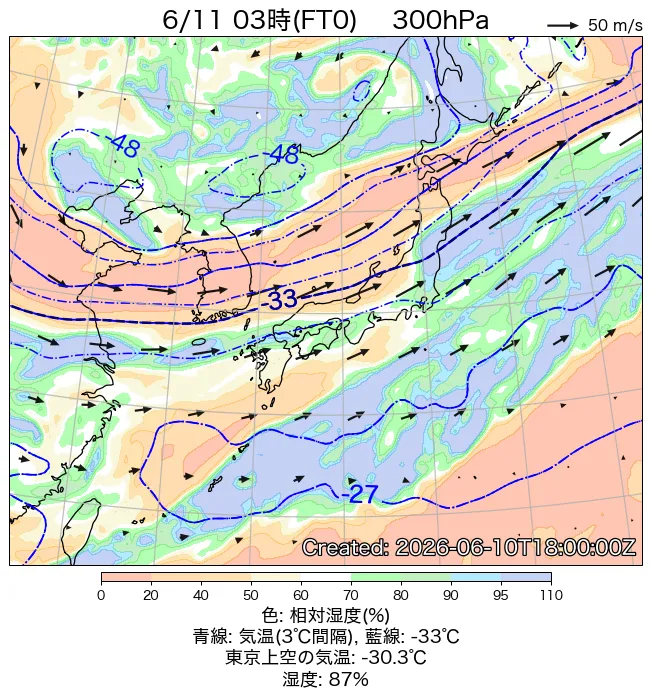 2026年6月11日の日本周辺の300hPa天気図（3時）