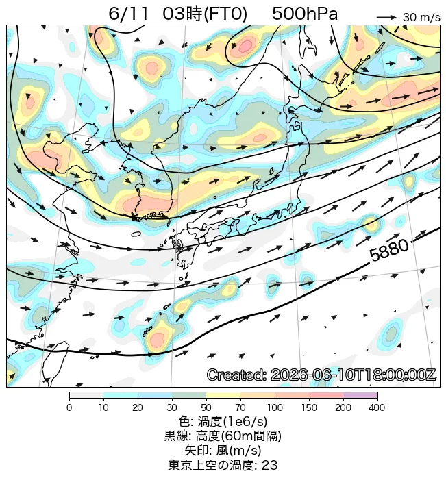 2026年6月11日の日本周辺の500hPa天気図（3時）