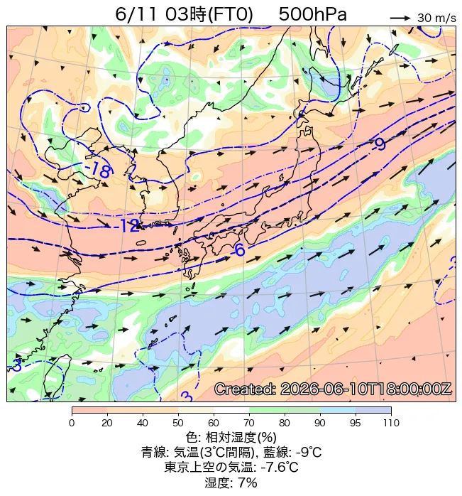 2026年6月11日の日本周辺の500hPa天気図（3時）