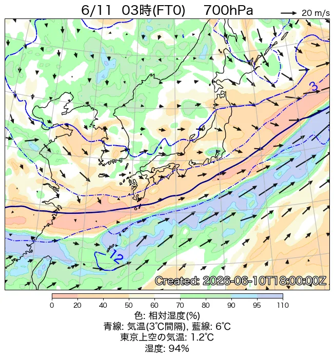 2026年6月11日の日本周辺の700hPa天気図（3時）