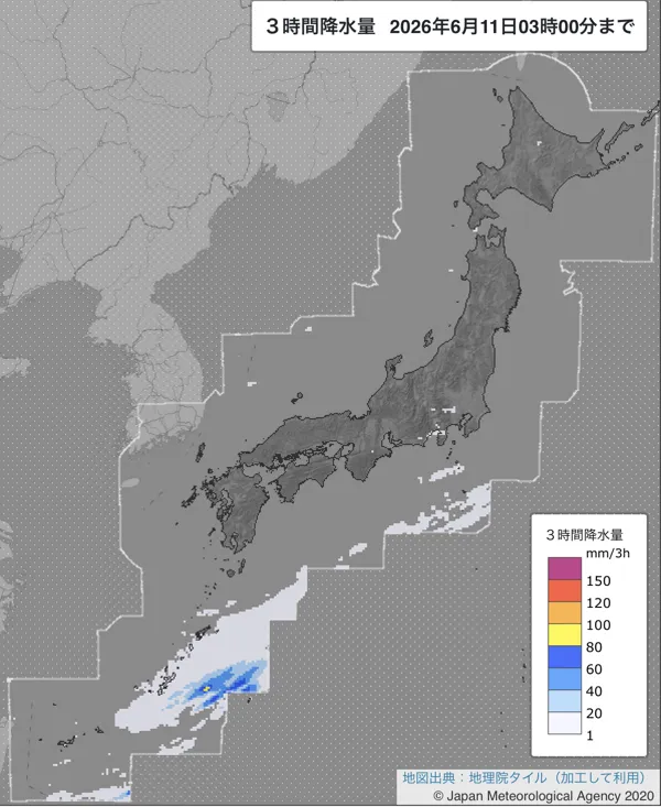 2026年6月11日0〜3時の日本周辺の3時間解析降水量