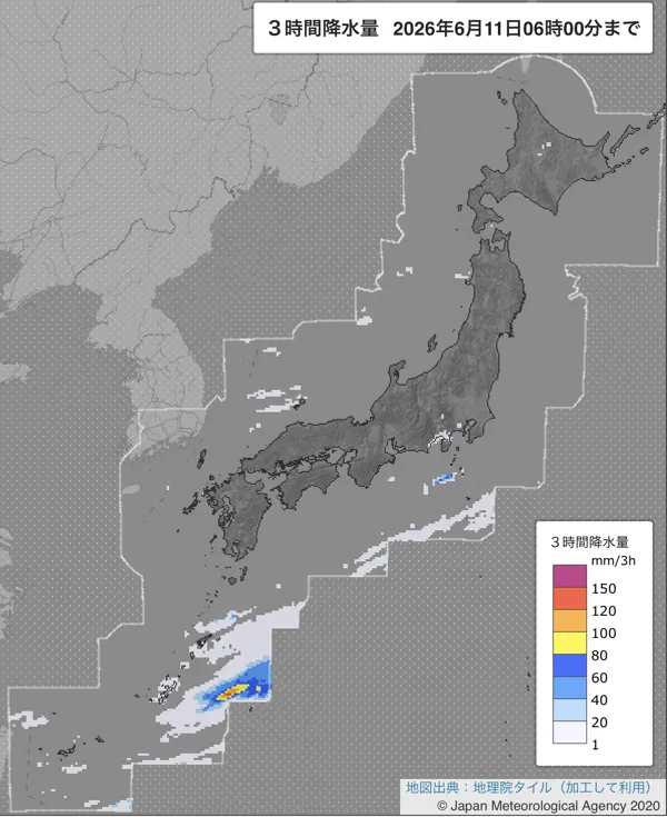 2026年6月11日3〜6時の日本周辺の3時間解析降水量