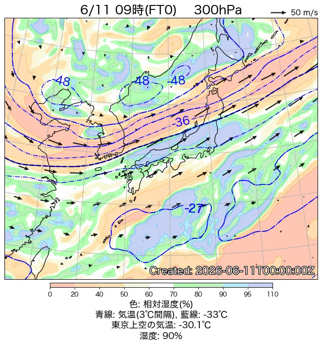 2026年6月11日の日本周辺の300hPa天気図（9時）
