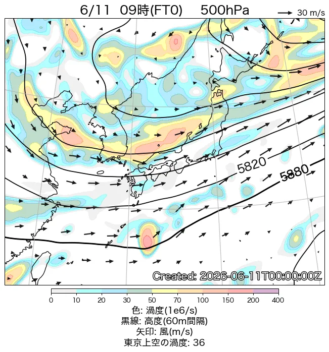 2026年6月11日の日本周辺の500hPa天気図（9時）