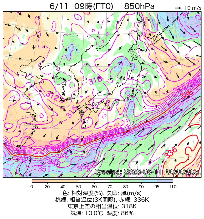 2026年6月11日の日本周辺の850hPa天気図（9時）
