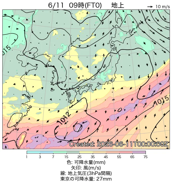 2026年6月11日の日本周辺の地上天気図（9時）