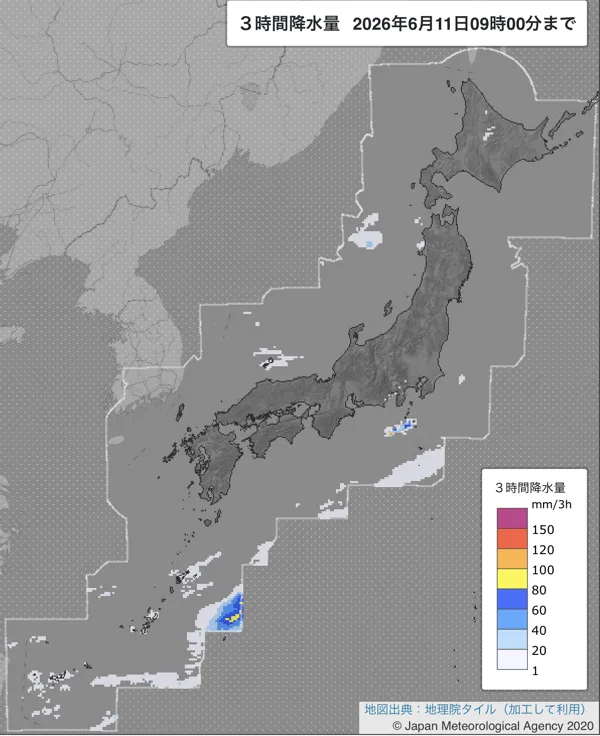 2026年6月11日6〜9時の日本周辺の3時間解析降水量