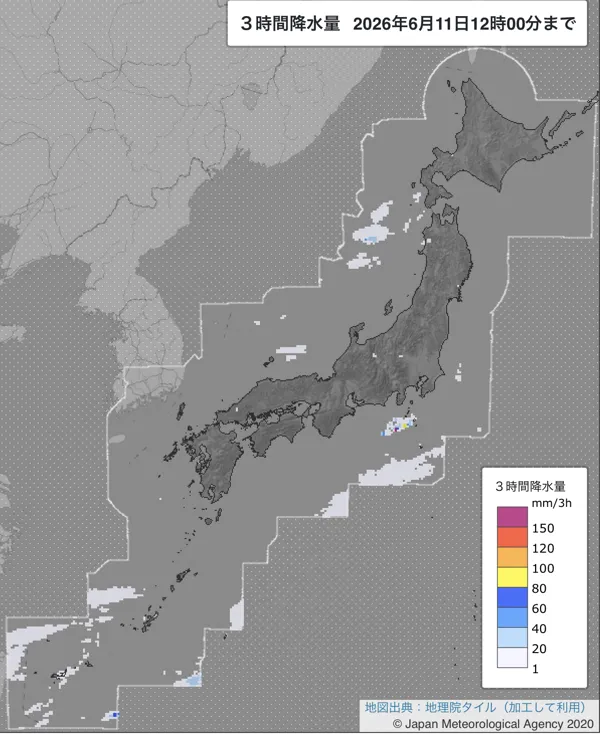 2026年6月11日9〜12時の日本周辺の3時間解析降水量