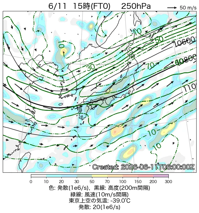 2026年6月11日の日本周辺の250hPa天気図（15時）