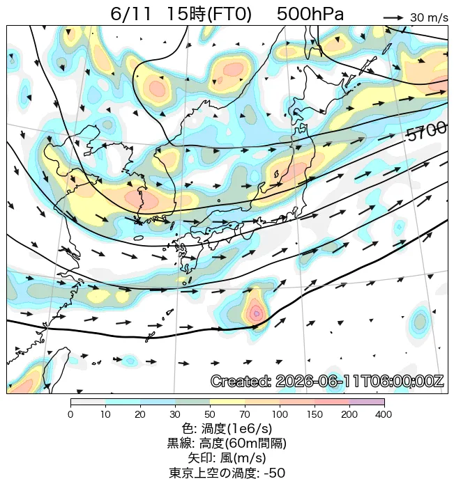 2026年6月11日の日本周辺の500hPa天気図（15時）