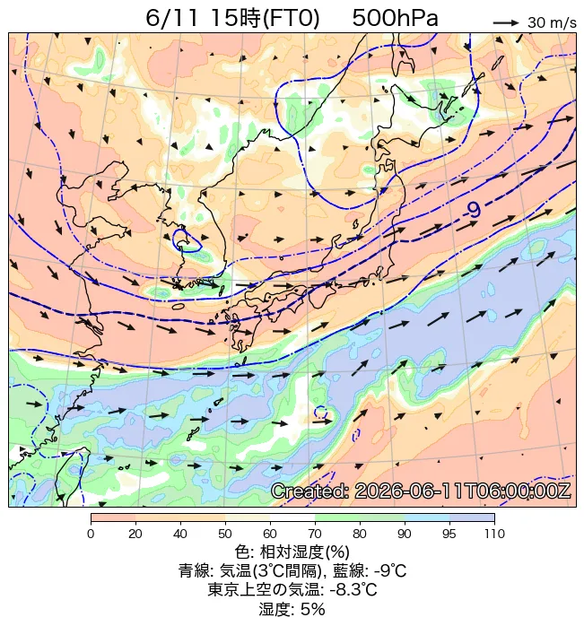 2026年6月11日の日本周辺の500hPa天気図（15時）