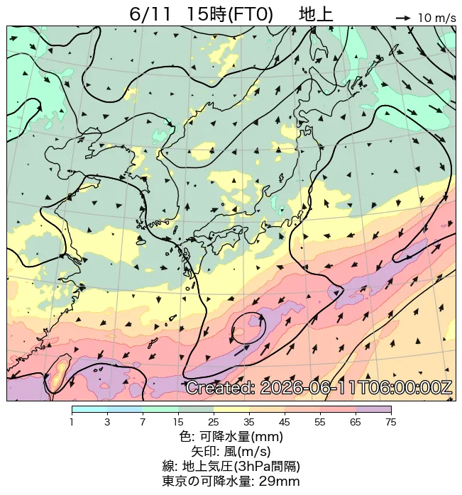 2026年6月11日の日本周辺の地上天気図（15時）