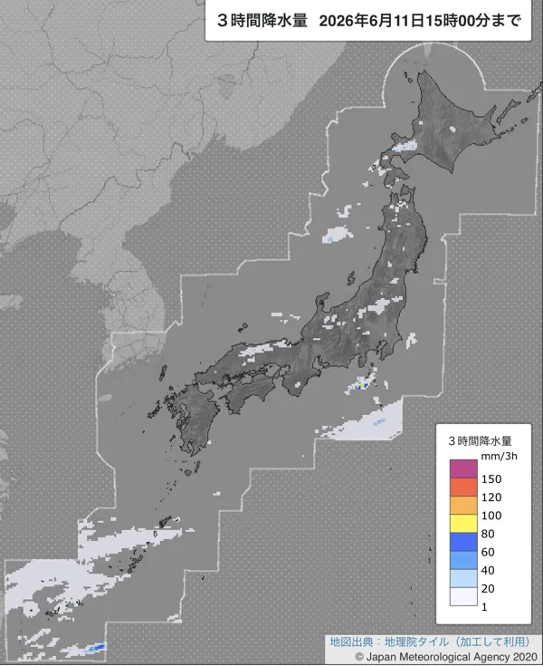 2026年6月11日12〜15時の日本周辺の3時間解析降水量
