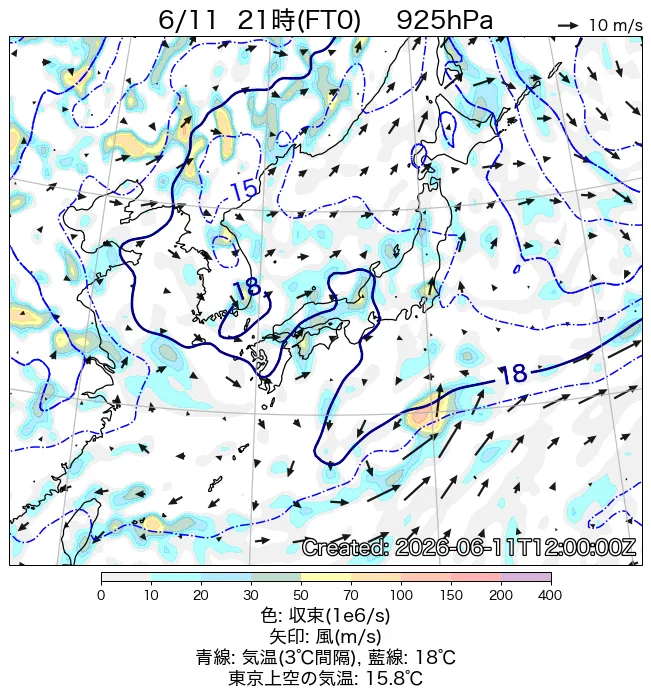 2026年6月11日の日本周辺の925hPa天気図（21時）