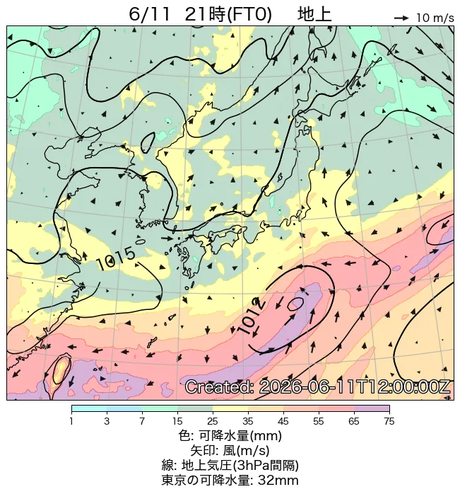 2026年6月11日の日本周辺の地上天気図（21時）