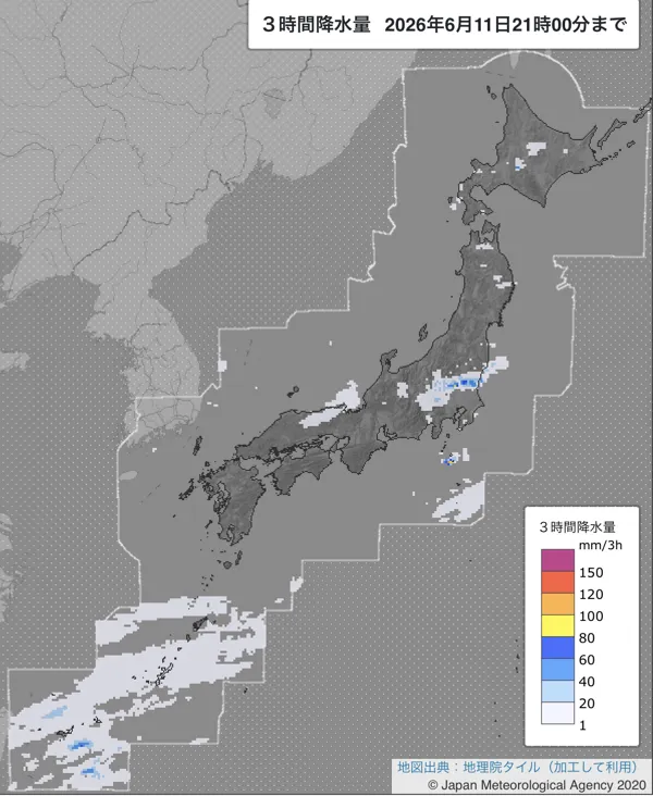 2026年6月11日18〜21時の日本周辺の3時間解析降水量