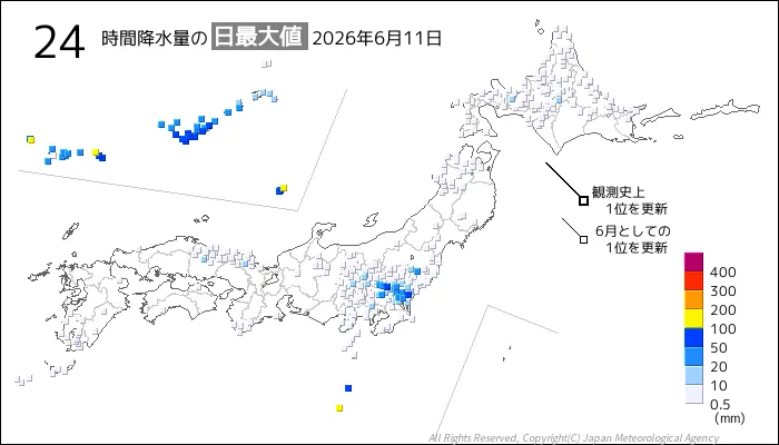 日本のアメダス24時間最大降水量の図