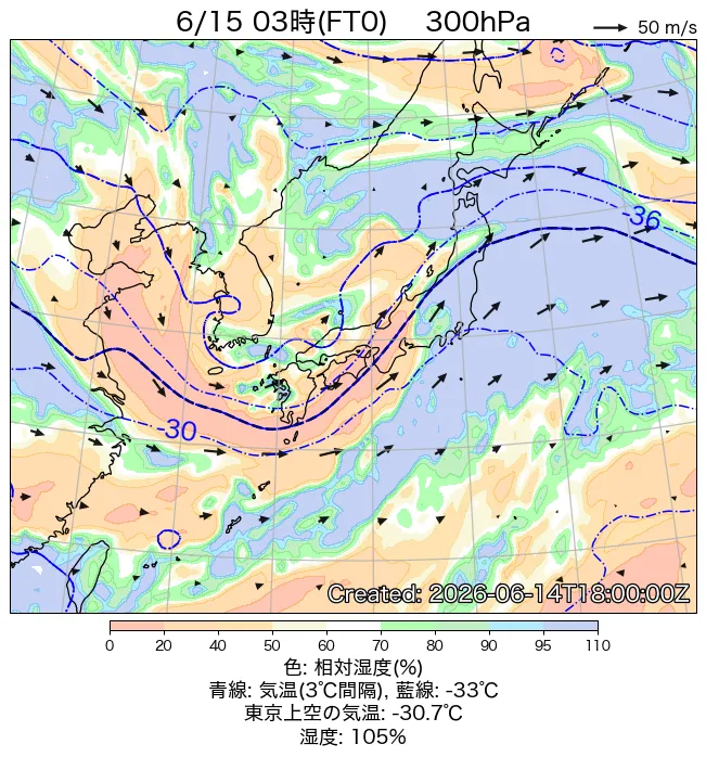 2026年6月15日の日本周辺の300hPa天気図（3時）