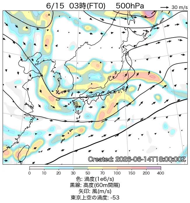 2026年6月15日の日本周辺の500hPa天気図（3時）