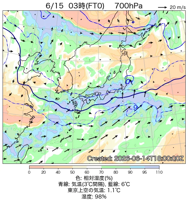 2026年6月15日の日本周辺の700hPa天気図（3時）