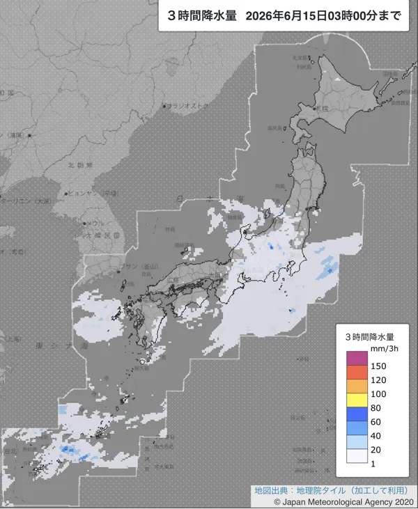 2026年6月15日0〜3時の日本周辺の3時間解析降水量
