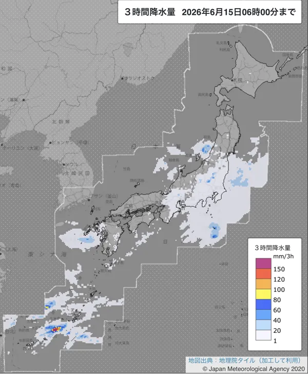 2026年6月15日3〜6時の日本周辺の3時間解析降水量