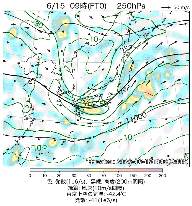 2026年6月15日の日本周辺の250hPa天気図（9時）