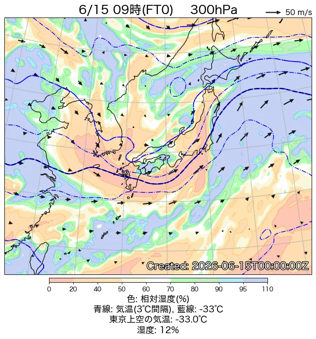 2026年6月15日の日本周辺の300hPa天気図（9時）