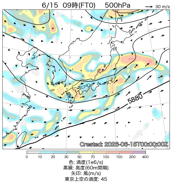 2026年6月15日の日本周辺の500hPa天気図（9時）